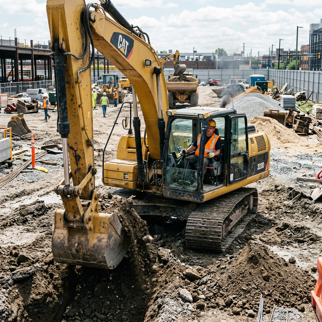 Excavator moving dirt at a busy city construction site with workers in safety gear